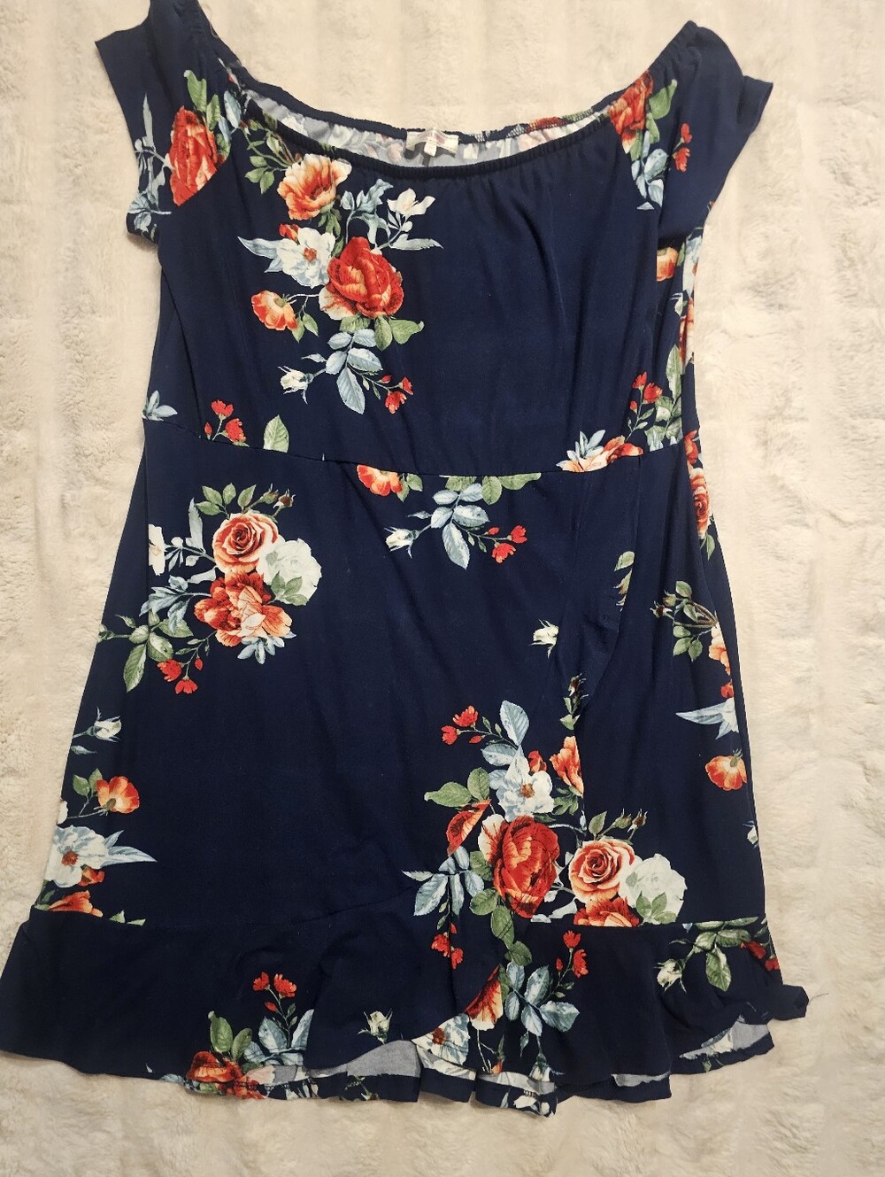 Stella Tweed Navy Floral Off-Shoulder Dress with Pink Accents